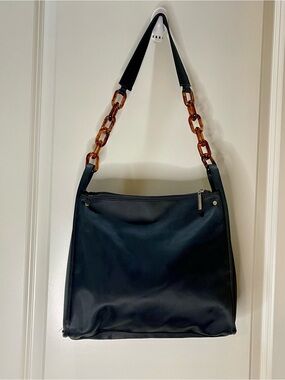 Black Satin Nylon Shoulder Bag with Faux Tortoiseshell-Link Strap 11x10